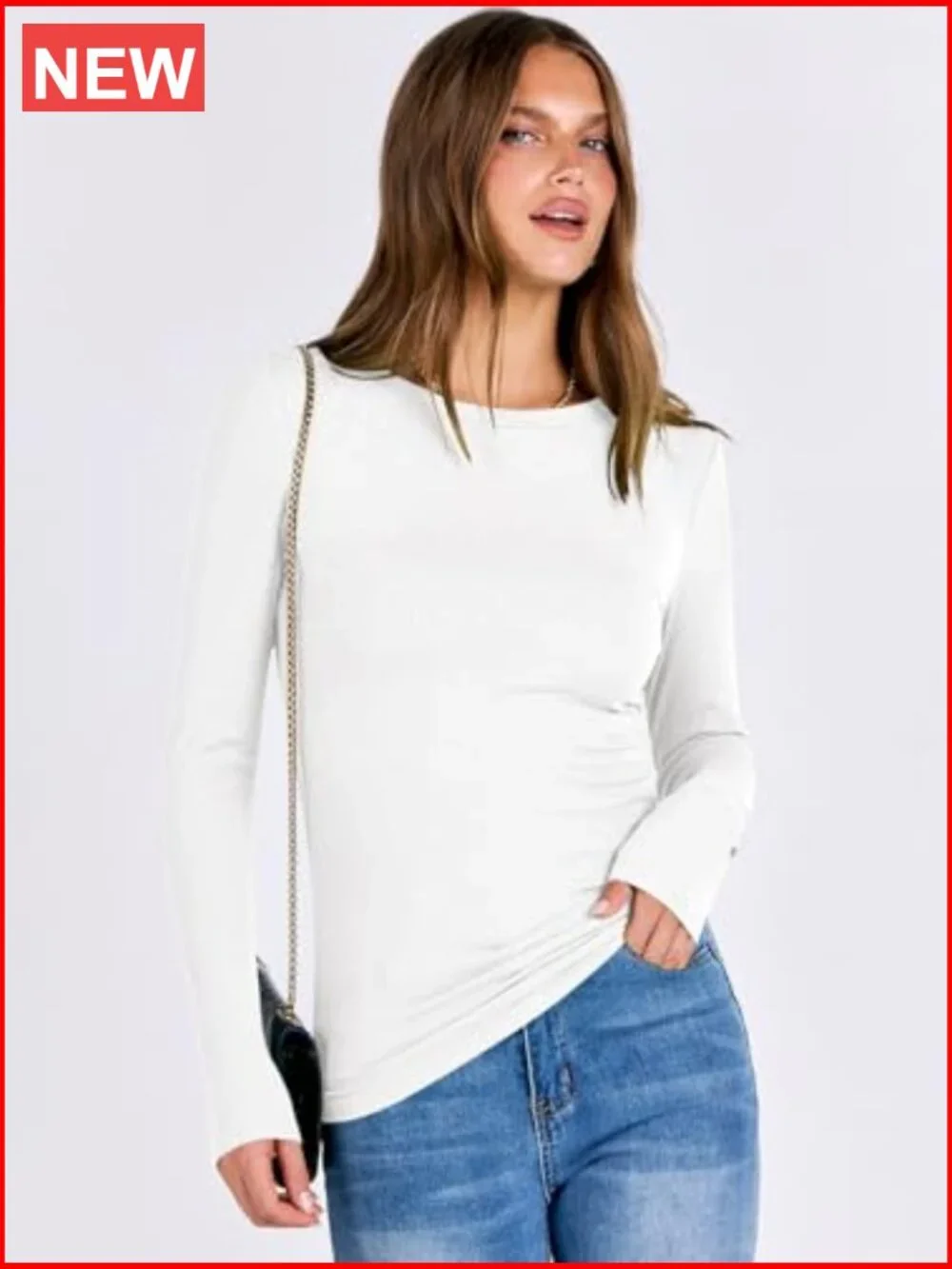 Long Sleeve Rib Knit Slim Fit T-Shirt Basic Tee Rayon Elastane - Picture 4 of 7